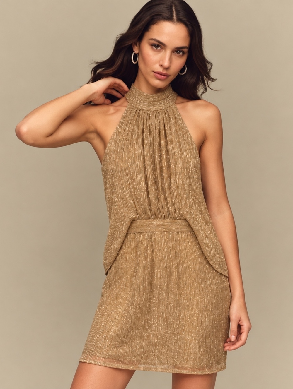 Halston Gold Metallic Halter Neck Mini Dress Draped Party Cocktail Size 6